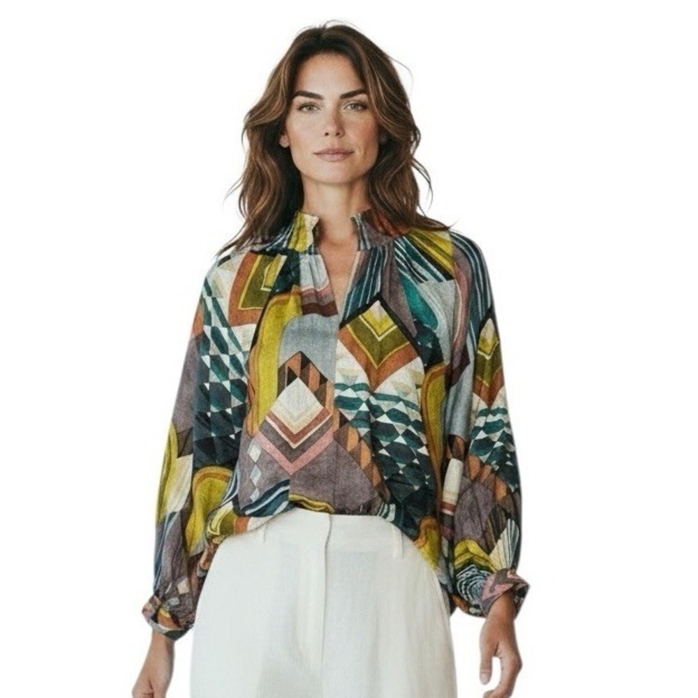 Dea Kudibal 100% Linen Blouse  XS Abstract Print Lagenlook Contemporary Artsy